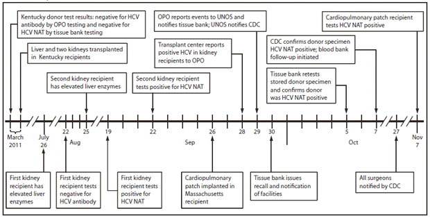 The figure shows investigation timeline after initial report of transmission of hepatitis C virus (HCV) from an organ and tissue donor in Kentucky and Massachusetts during 2011. In March 2011, three organs (two kidneys and the liver) from the donor were transplanted into three recipients at a local hospital in Kentucky. In September, the two kidney recipients tested positive for HCV by nucleic acid testing (NAT). In November, a cardiopulmonary patch recipient also tested positive for HCV NAT.